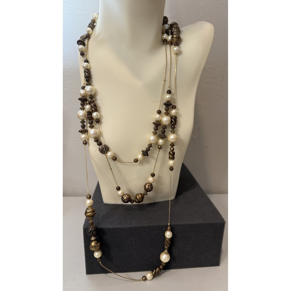 Vintage Dabby Reid Multi-Strand Pearl & Bronze Bead Floating Station Necklace 46